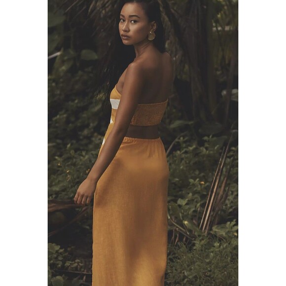 Anthropologie Celandine Strapless Cutout Linen-Blend Dress Sun Print L/XL 282022 - Picture 2 of 7